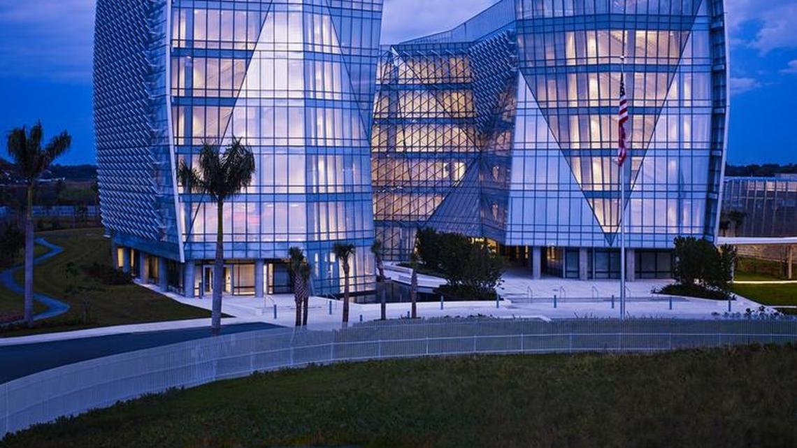 
The Benjamin P. Grogan and Jerry L. Dove Federal Building, named after two FBI agents who were slain in the line of duty, was built on swampy land in Miramar to house FBI offices. It was conceived by the Chicago-based firm of Krueck + Sexton under the government program called "Design Excellence" and dedicated in April 2015. 
