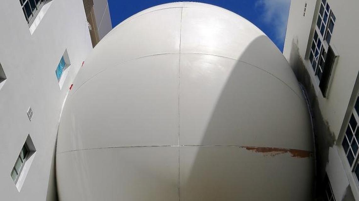 The architectural element called "The Orb" connects the Betsy, right, and Carlton, left, through a concealed passageway, pictured on Tuesday, December 20, 2016 in Miami Beach, Florida.