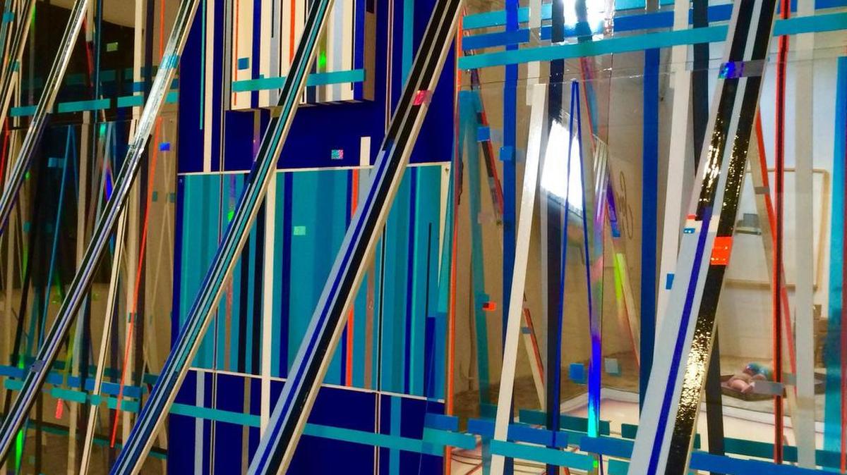 Kelley Johnson, Flickering Vibrations into Escapism, 2015, Wood, vinyl, acrylic, PVC, metallic tape, flash, mirror, plexiglass full detail.