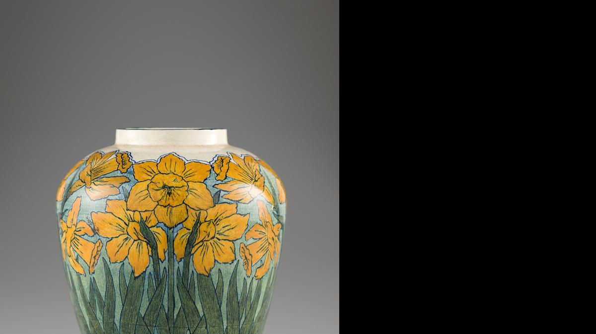
1897 vase with daffodil design by an unknown decorator; Joseph Meyer, potter. On loan to the Newcomb Art Gallery from Ruth Weinstein Lebovitz. From “Women Art and Social Change: The Newcomb Pottery Enterprise” at the Wolfsonian-FIU Museum through Aug. 30. 
