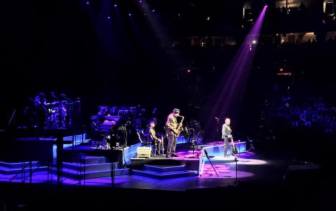 Sax player Larry Klimas (center) offered beautiful accents to fill where Barbra Streisand once sang her parts on Neil Diamond’s “You Don’t Bring Me Flowers.” Diamond performed the original solo version of the song during his 50th Anniversary concert at Sunrise’s BB&T Center on April 26, 2017.