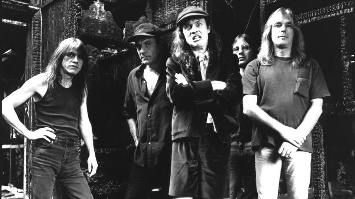 AC/DC in the early 1980s: Malcolm Young, Brian Johnson, Angus Young, Phil Rudd and Cliff Williams.