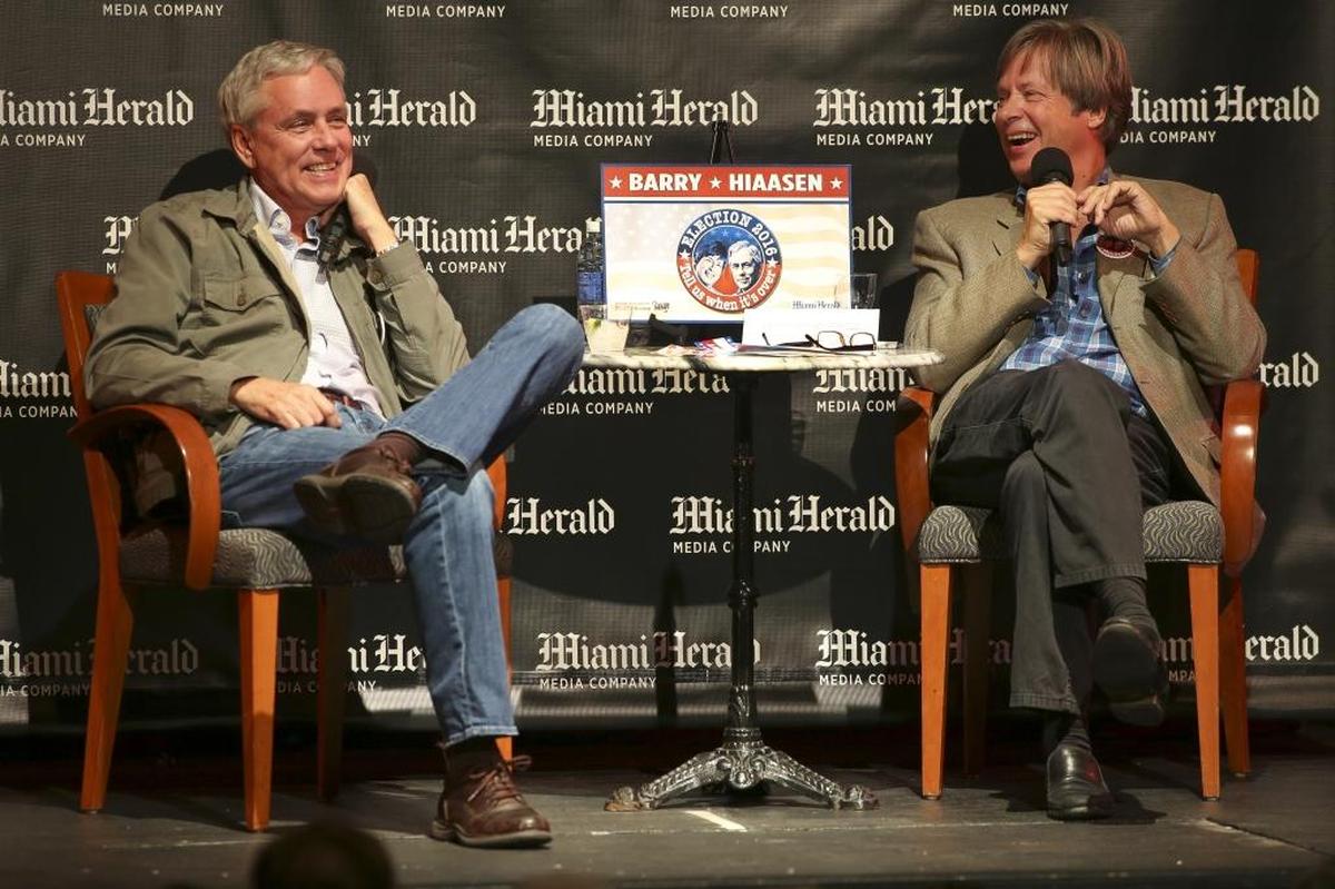 Carl Hiaasen, left, and Dave Barry get a few laughs out of the 2016 presidential election at a Miami Herald event in Coral Gables’ Miracle Theatre.