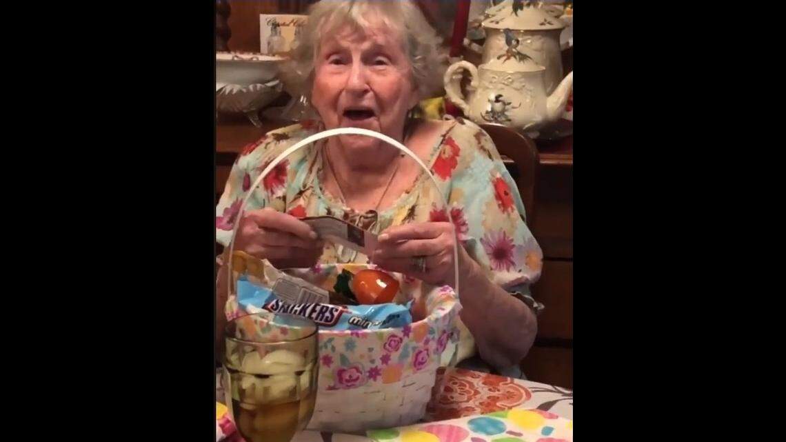 Bette Maloney, 88, reacts when she finds Justin Timberlake concert tickets for a show at Orlando's Amway Center. Her two granddaughters placed the tickets inside her Easter basket on April 1, 2018. Maloney loves Timberlake, 37.