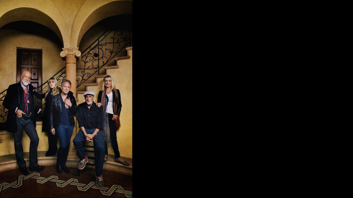 
ON WITH THE SHOW: Fleetwood Mac has reunited its classic ‘Rumours’ era lineup of (from left) Mick Fleetwood, Stevie Nicks, Lindsey Buckingham, John McVie, and Christine McVie. The band, pictured in Los Angeles in 2014, is earning some of its best reviews and filling arenas with its new tour, the first with Christine McVie since 1998. 

