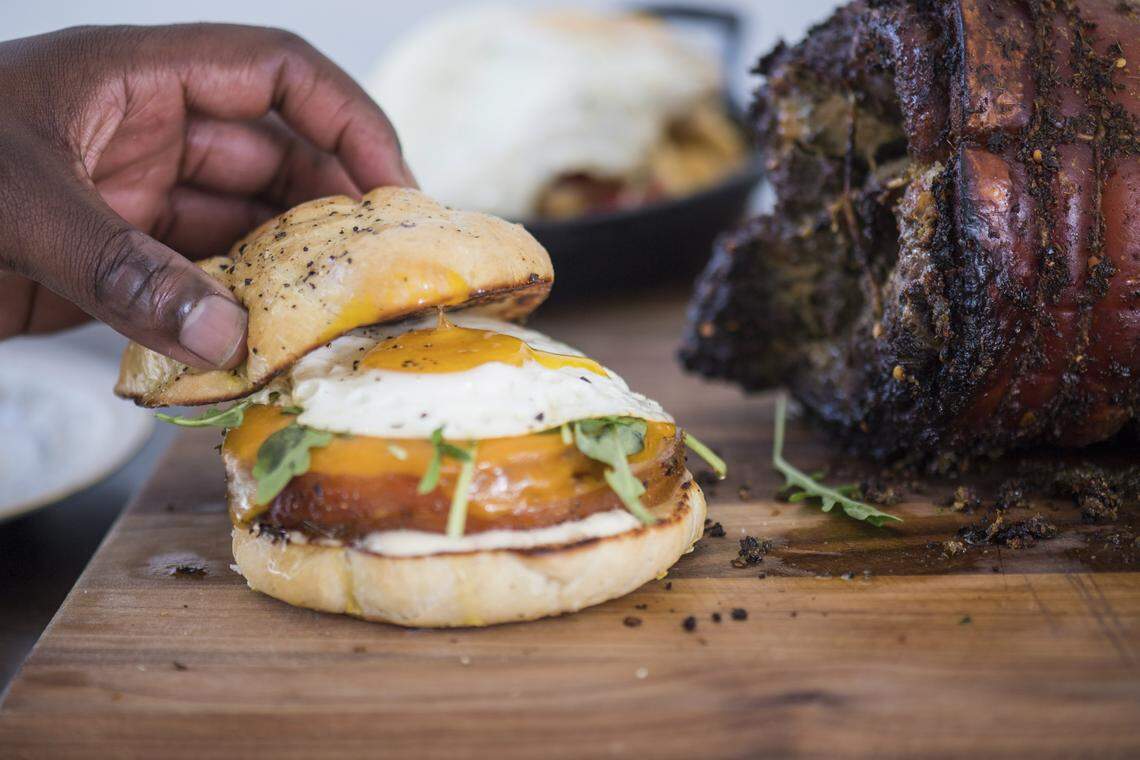 Porchetta egg sandwich by Akino West. Photograph by Felipe Cuevas.