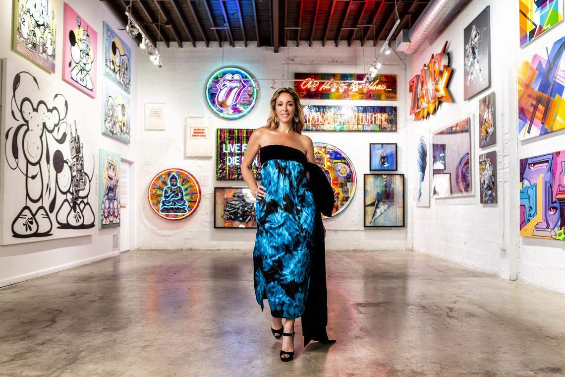 Dress by Marc Jacobs from Neiman Marcus at Merrick Park, jewelry by Guerreiro at Miami Design District. Artwork: Risk (Kelly Graval). Photograph by Nick Garcia. Styling by Elysze Held.