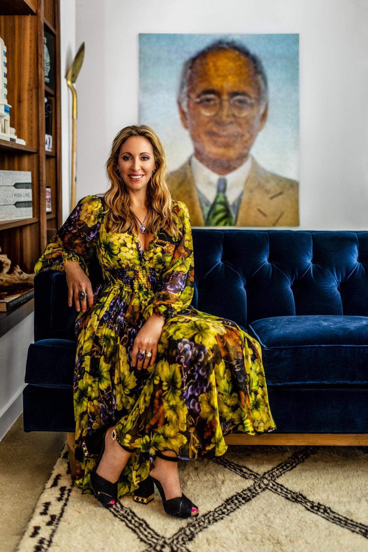 Goldman Srebnick in dress and shoes by Dolce &amp; Gabbana from Neiman Marcus at Merrick Park; earrings by Daniella Kronfle, necklace and rings by Sevan Biçakçi at Miami Design District. Artwork of Tony Goldman by Brian Batt. Photograph by Nick Garcia. Styling by Elysze Held.