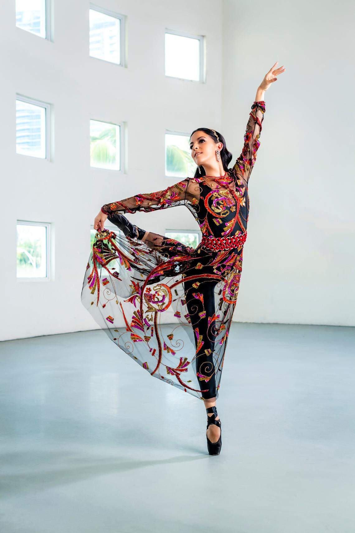 On Katia: Dress and belt by Naeem Khan (naeemkhan.com); jewelry by Orianne Collins at Miami Design District. Photograph by Nick Garcia.