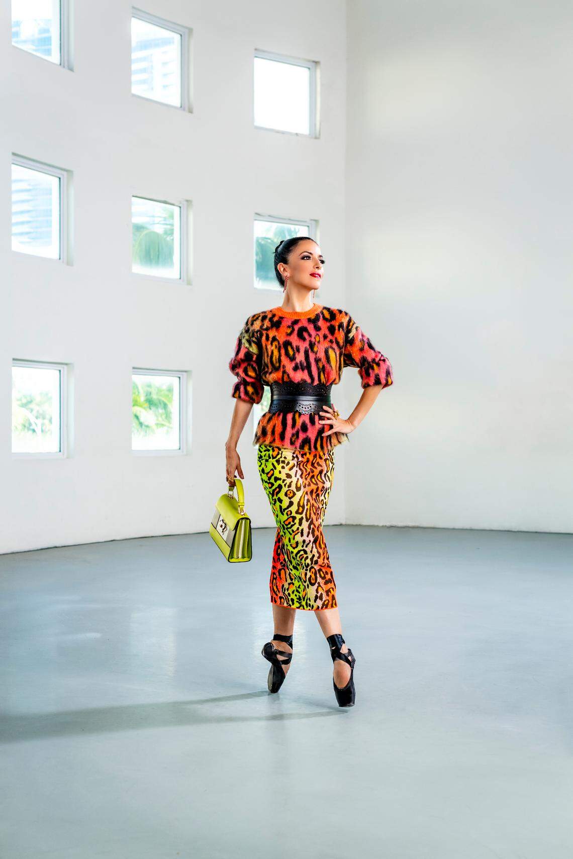 On Katia: Sweater and skirt by Stella McCartney, belt by Alaïa from Saks Fifth Avenue at Bal Harbour Shops; bag by Furla at Aventura Mall. Photograph by Nick Garcia.