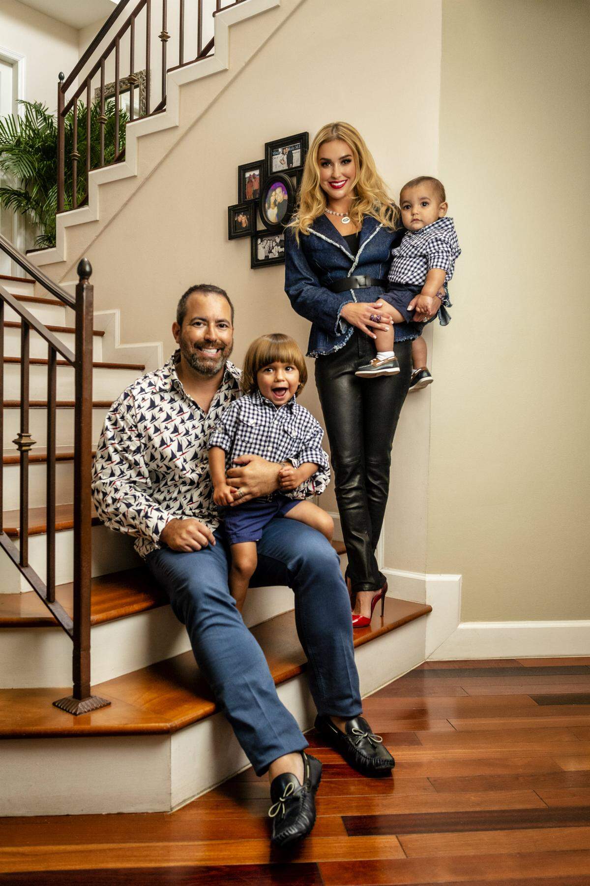 With sons Angelo, left, and Nicolas. Manny Varas wears a shirt by Marni at Miami Design District; pants by AG Jeans from Saks at Brickell City Centre. Dr. Brianna Varas wears a jacket by Rene by RR; pants by Karolina Zmarlak; necklace by Chez Carole. Photograph by Nick Garcia. Styling by Elysze Held. Hair and makeup by Pasquale Caselle and Yady Ochoa.