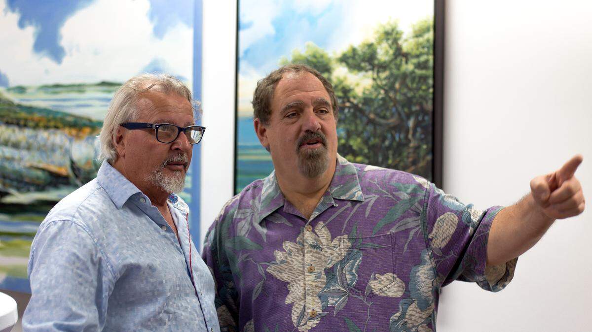 Roberto “Pasta” Pantaleo and Jon Landau at INDULGE's Home & Design issue release party at Ocean Sotheby's International Realty in Islamorada. Photograph by Nick Bell.