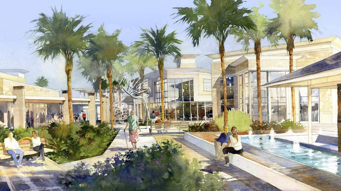 Portion of the village square at The S. Donald Sussman EmpathiCare Village showing the community center, art gallery, studios and other service areas along pathways.