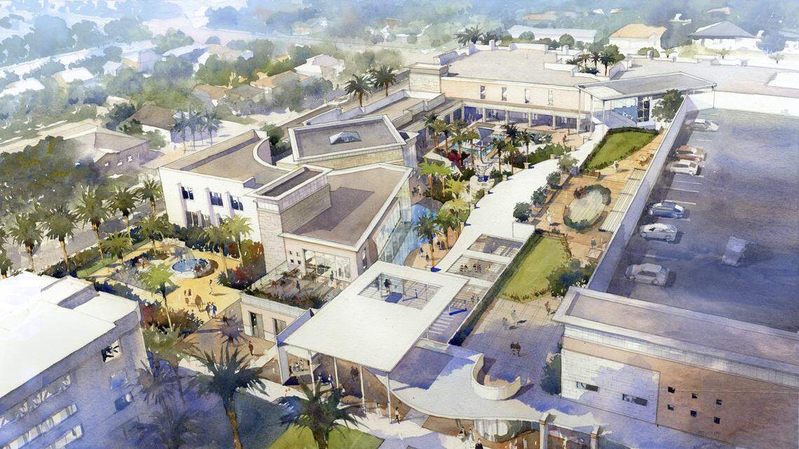 Aerial view of The S. Donald Sussman EmpathiCare village and adjoining parking garage, facing west from the Miami Jewish Health campus.