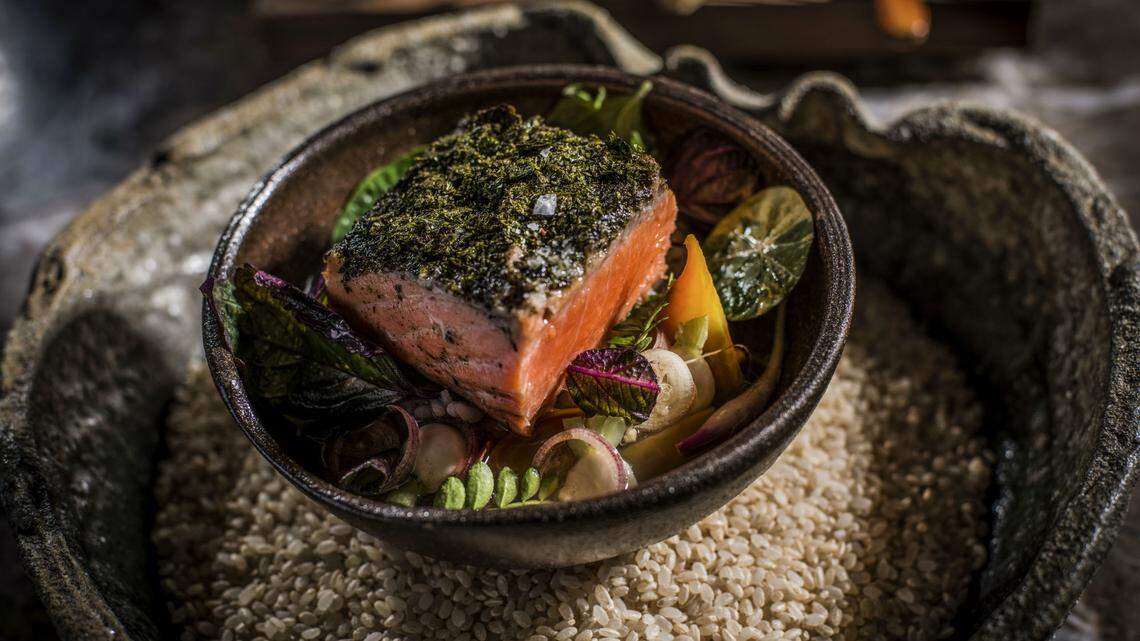 Salmon with Green Tea Dashi at Makoto restaurant in Bal Harbour. Photograph by Felipe Cuevas.