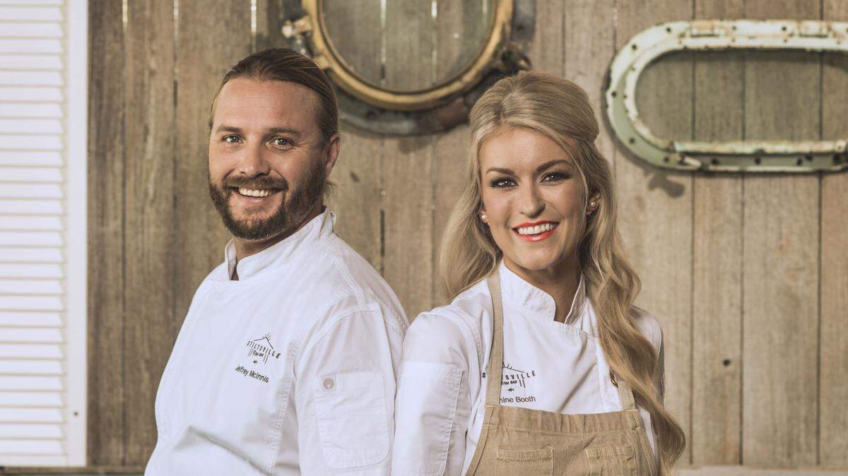 Chefs Jeff McInnis and Janine Booth at their Stiltsville Fish Bar in Miami Beach. Photograph by Felipe Cuevas. Hair and makeup by Vicky Mejia.