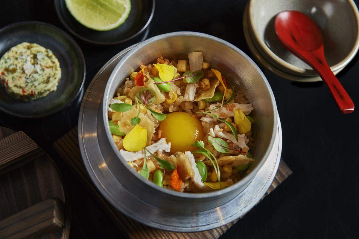 At Katsuya at the new SLS Lux, a dish inspired by Miami: chicken oyako kamameshi.