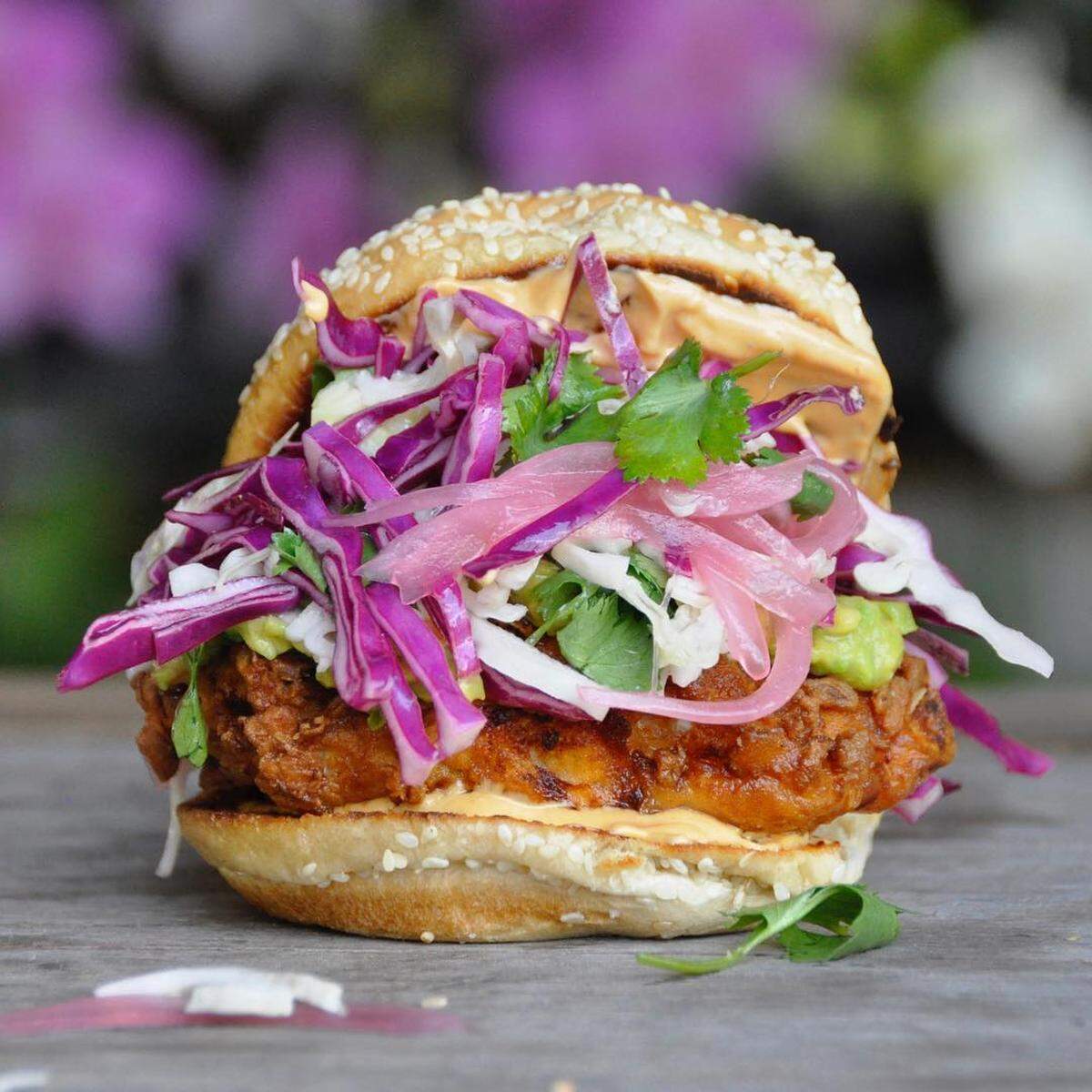 The chicken sandwich from La Pollita, a taco cart in the Miami Design District run by chefs Luciana Giangrandi and Alex Meyer. Photograph by @soflafoodie via nomzplz.com.