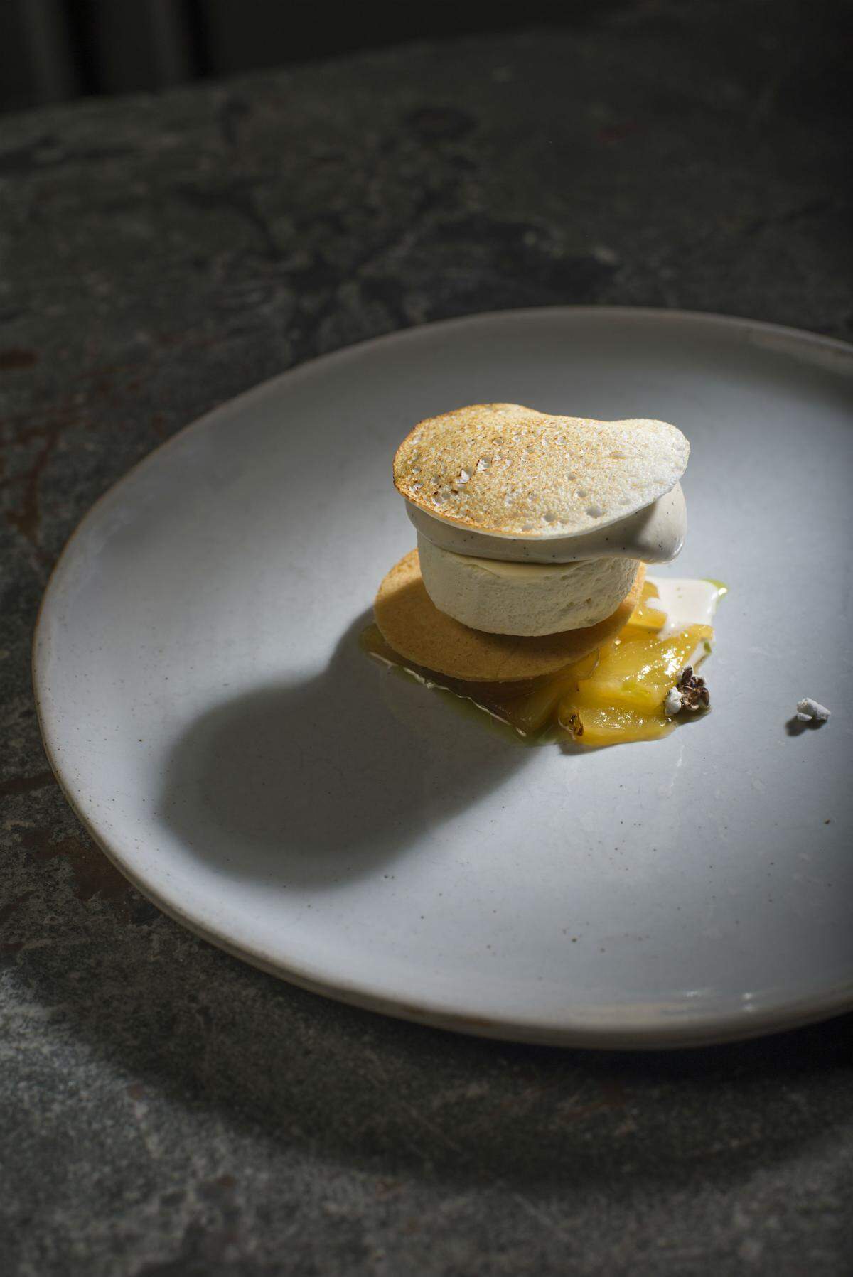 A dessert course from chef Will Goldfarb during his collaboration dinner at Alter restaurant in Miami. Photograph by Felipe Cuevas.