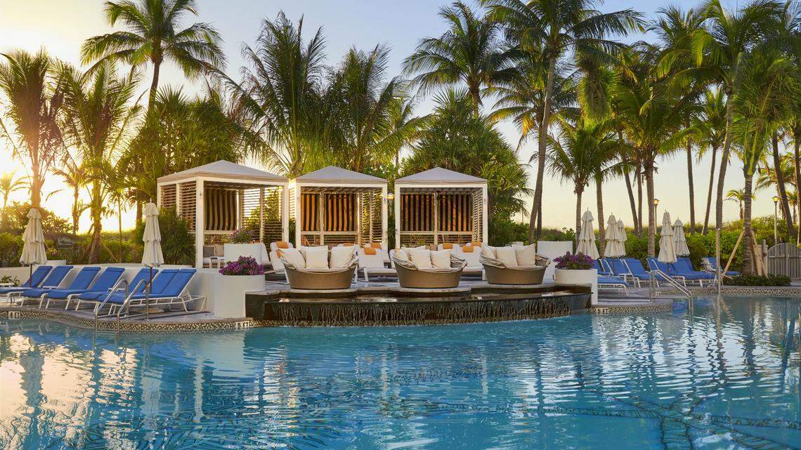 The Loews Miami Beach Hotel features full-service luxury pool cabanas, some of which are air-conditioned with private bathrooms.