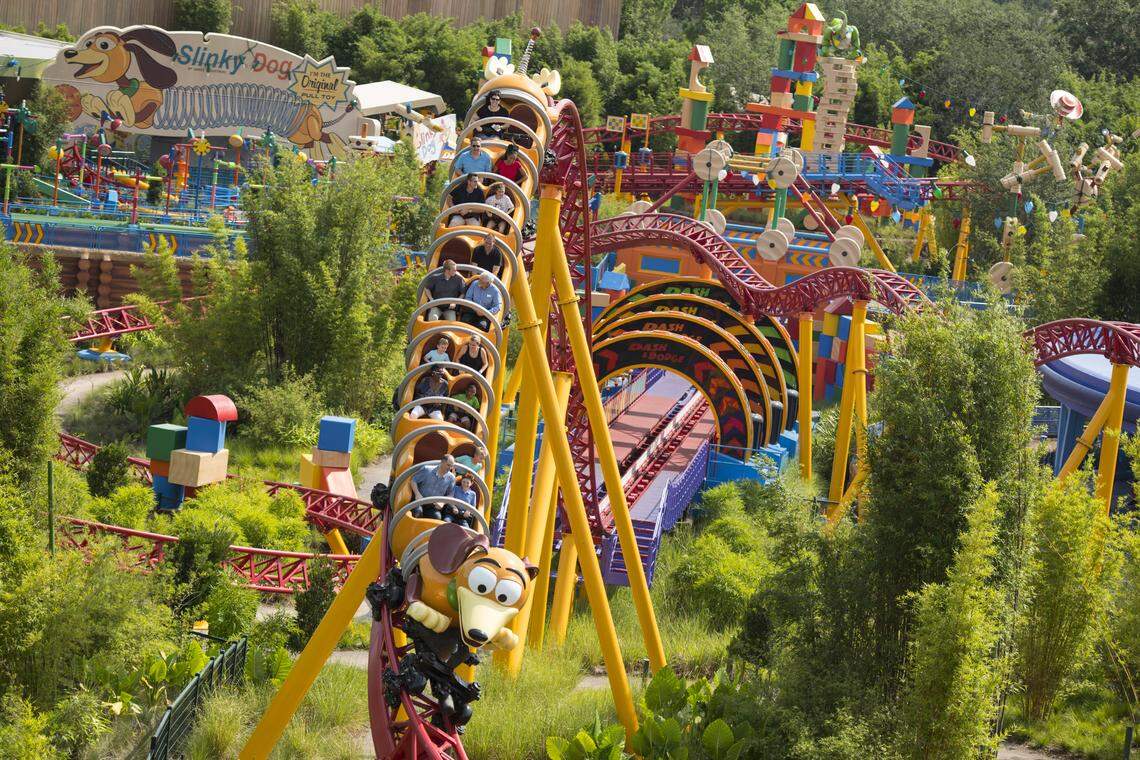 Slinky Dog Dash, a family-friendly roller coaster, covers Andy's backyard at Toy Story Land.
