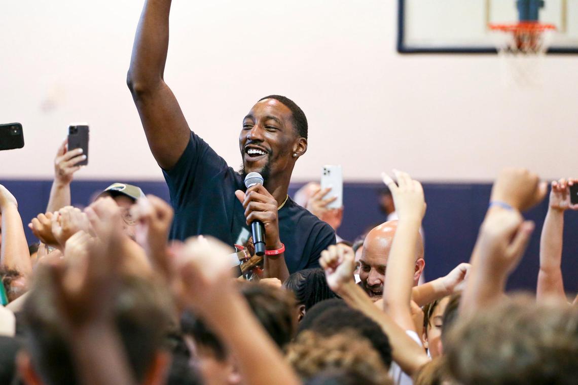 Miami Heat center Bam Adebayo reacts as he talks to a group of campers during the Bam Adebayo’s fourth annual youth basketball clinic at Riviera Preparatory School on 9775 SW 87th Ave., in Miami, Florida on Saturday, July 30, 2022.