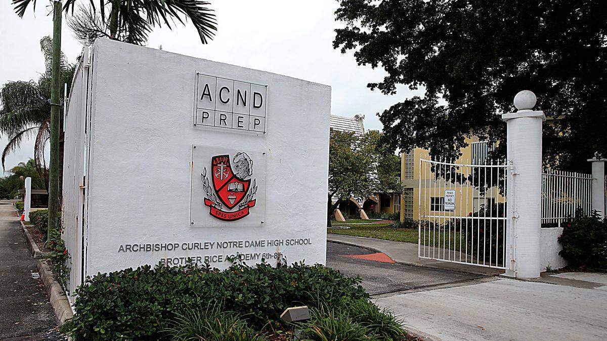 The entrance to the Archbishop Curley-Notre Dame High School, which closed after the academic year ended in 2017, the victim of declining enrollment and changing demographics. Avenues: The World School hopes to begin offering programs for Miami students on the site in 2021 and open its full campus in 2022.