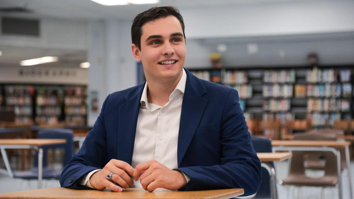 Hialeah-Miami Lakes Senior High School student Maurits Acosta looks on during an interview inside the school library in Hialeah, Florida, Monday, May 19, 2025. Acosta committed to Harvard after receiving acceptances from Yale, Princeton, and Georgetown University.
