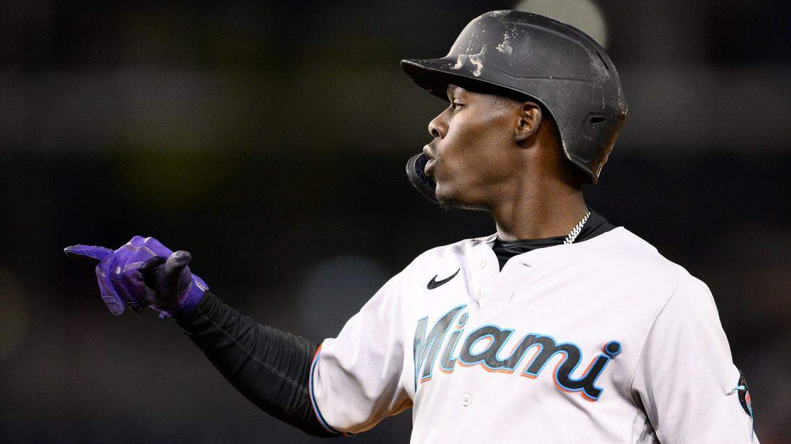 Miami Marlins’ Jazz Chisholm Jr. gestures at first after his single during the seventh inning of a baseball game against the Washington Nationals, Wednesday, April 27, 2022, in Washington. The Marlins won 2-1. (AP Photo/Nick Wass)