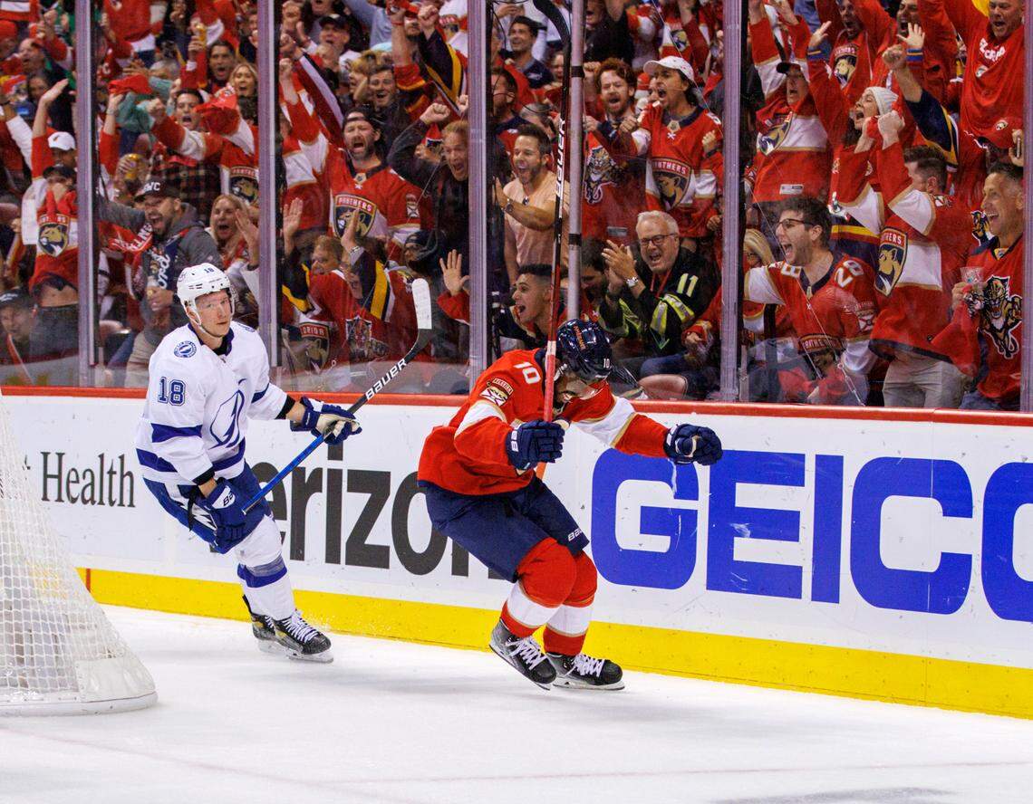Florida Panthers left wing Anthony Duclair (10) celebrates after scoring a goal during the first period of Game 1 of a second round NHL Stanley Cup series against the Tampa Bay Lightning at FLA Live Arena on Tuesday, May 17, 2022 in Sunrise, Fl.