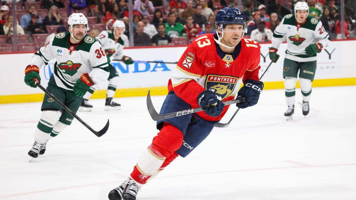 Florida Panthers center Sam Reinhart (13) skates down the ice during the third period of a game on Tuesday, Oct. 22, 2024, at Amerant Bank Arena in Sunrise, Fla. 