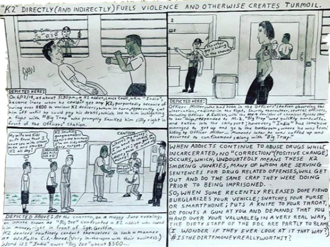 How K2 in causes violence in prison, as posted on Instagram by an inmate. Part of the series “K2 Epidemic”