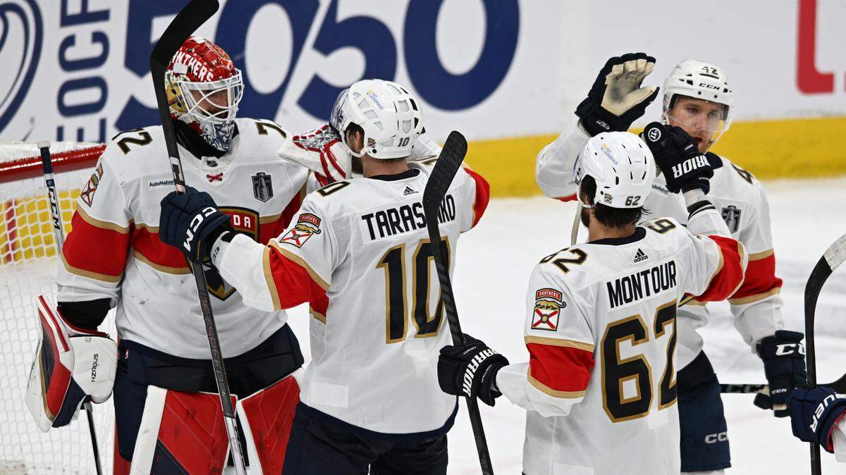 Jun 13, 2024; Edmonton, Alberta, CAN; Florida Panthers right wing Vladimir Tarasenko (10) celebrates with Florida Panthers goaltender Sergei Bobrovsky (72) after defatting Edmonton Oilers in game three of the 2024 Stanley Cup Final at Rogers Place. Mandatory Credit: Walter Tychnowicz-USA TODAY Sports