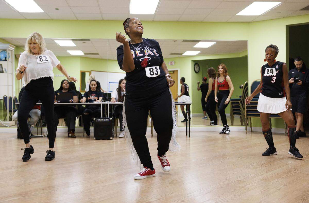 Participants dances during the Heat Golden Oldies auditions for the Miami HEAT senior dance team on Thursday, Sept. 25, 2025, at Southwest Focal Point Community Center in Pembroke Pines, Fla.