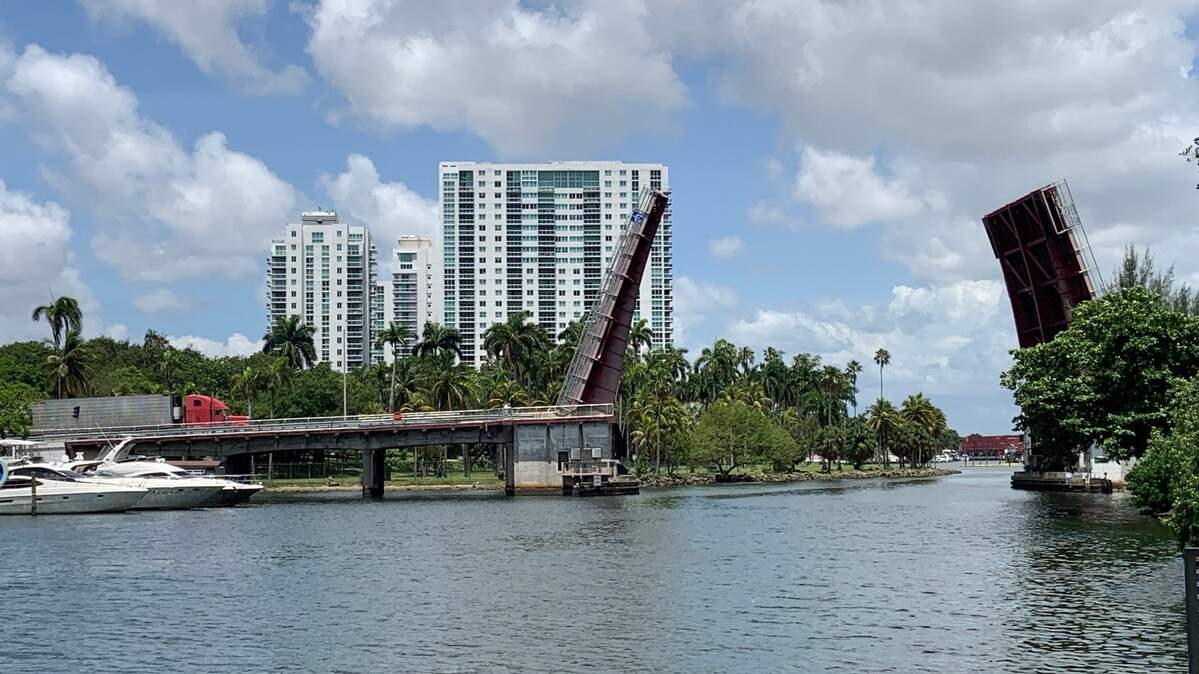 The Northwest 17th Avenue bridge was stuck in the raised position at high noon on Thursday.
