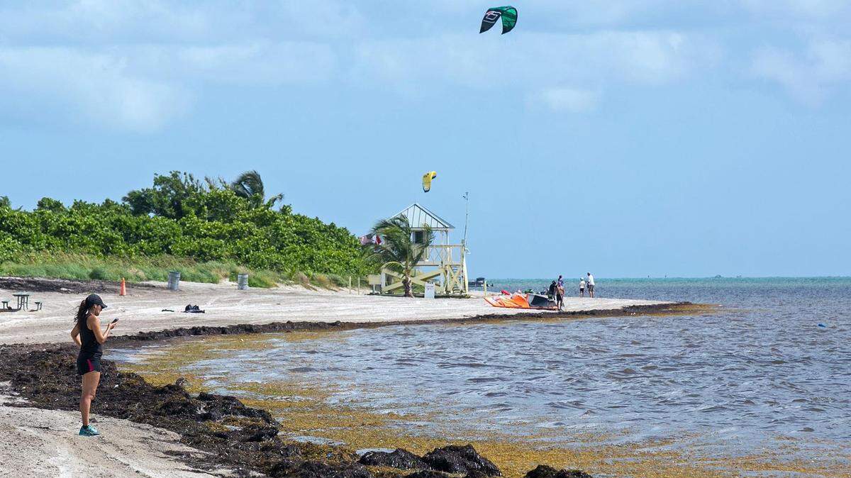 A woman stands near the water Thursday, Aug. 30, 2018, at North Crandon Beach in Key Biscayne. The Florida Department of Health in Miami-Dade County has issued its third no-swimming advisory for Crandon North Beach since July because of tests exceeding recommended standards for enterococci bacteria.