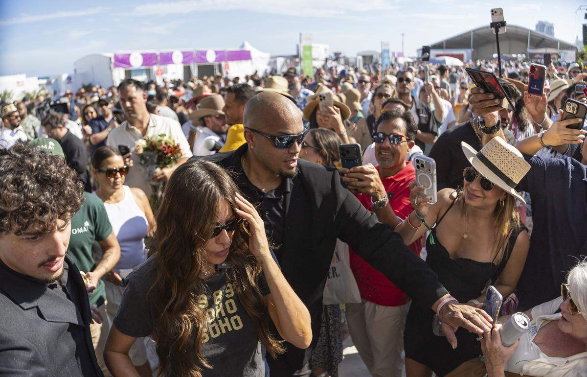 Colombian-American actress Sofía Vergara makes her way through the crowd attending the Goya Foods' Grand Tasting Village during the Food Network South Beach Wine & Food Festival on Saturday, Feb. 21, 2026, in Miami Beach, Fla.