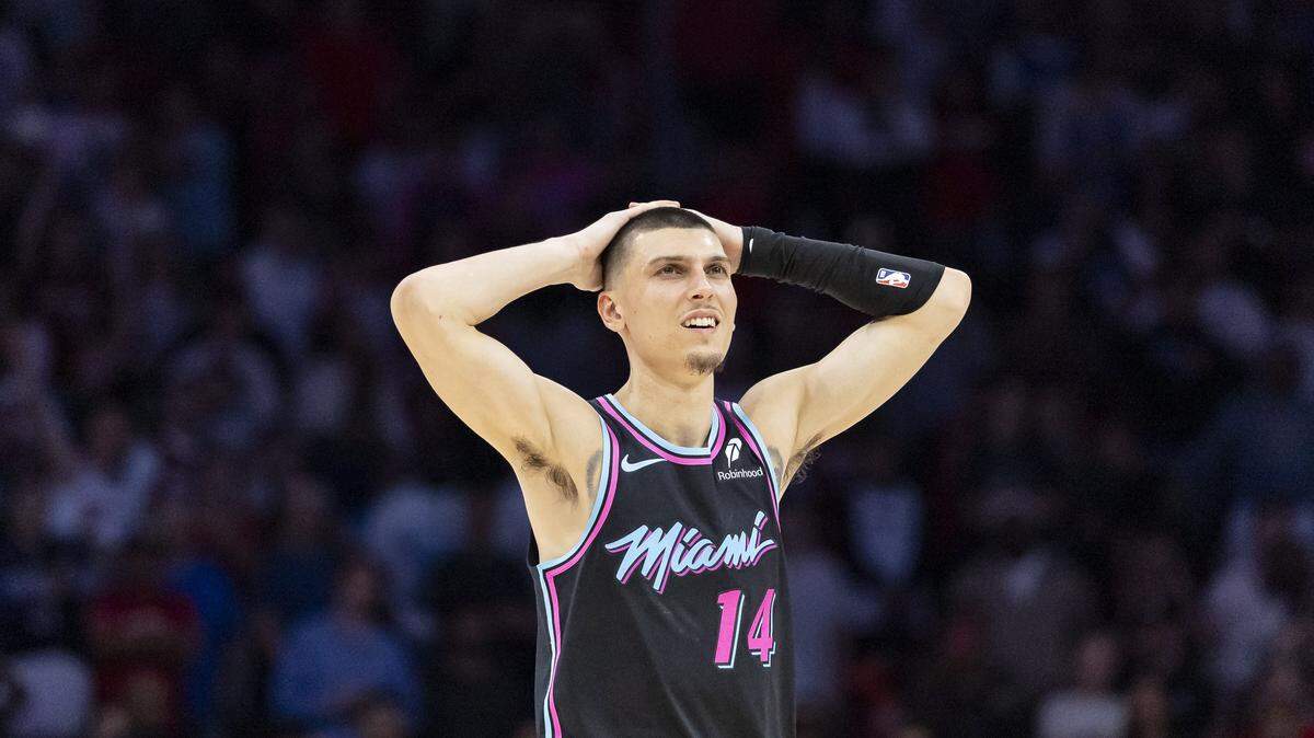 Miami Heat guard Tyler Herro (14) reacts after a play against the Orlando Magic in the second half of their NBA game at Kaseya Center on March 14, 2026, in Miami.
