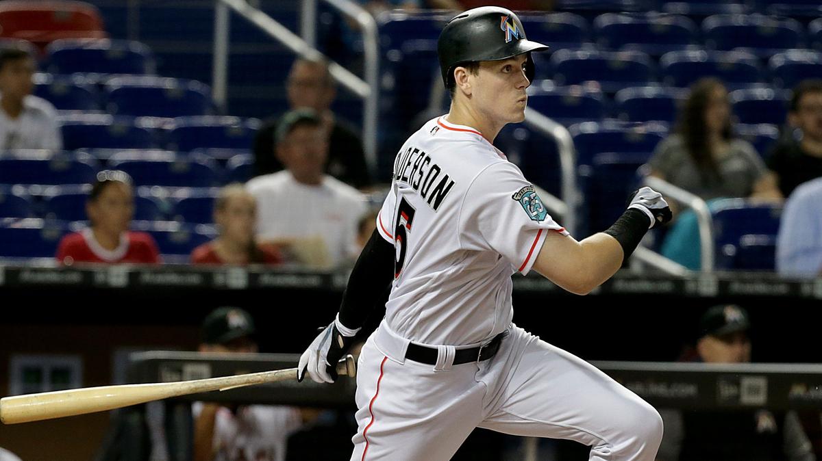 Marlins right fielder Brian Anderson hits a single in the first inning of the Miami Marlins vs Atlanta Braves game at Marlins Park, Tuesday, July 24, 2018.