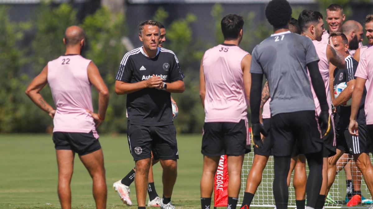 Inter Miami CF head coach Phil Neville, shown at practice Thursday, called England coach Gareth Southgate and the three players who missed penalty kicks in the Euro final “national treasures”.