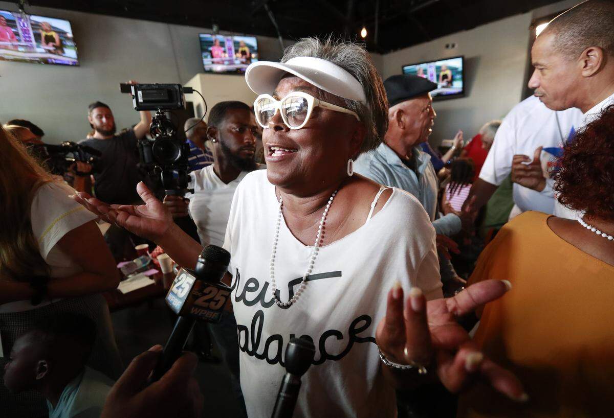 Yvonne Odom, grandmother of tennis player Coco Gauff, speaks to members of the media after watching her granddaughter play at Wimbledon from the family-owned Paradise Sports Lounge, Monday, July 8, 2019, in Delray Beach, Fla. Former No. 1 Simona Halep defeated the 15-year-old American 6-3, 6-3.
