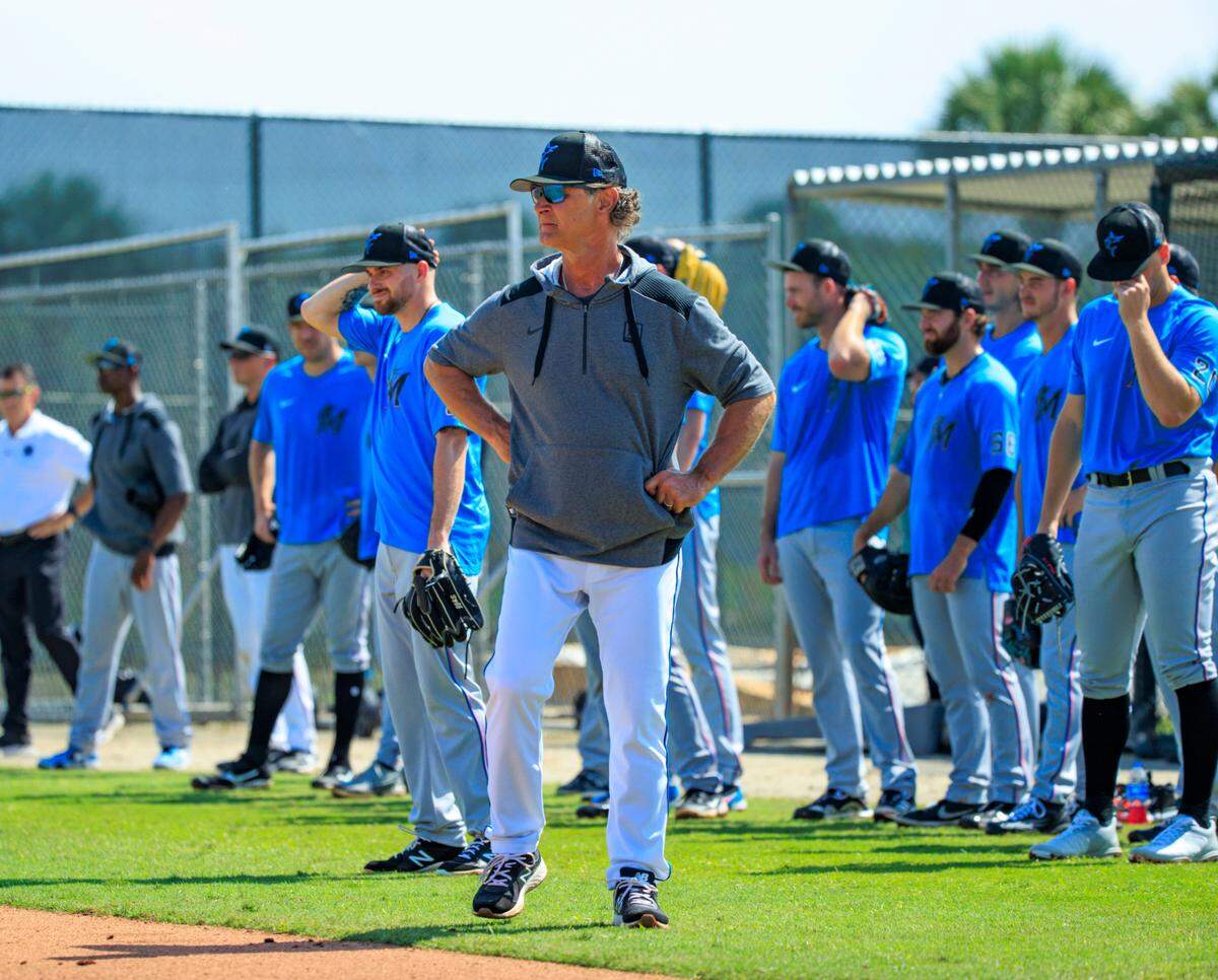Miami Marlins manager Don Mattingly looks on during their spring training workout at Roger Dean Stadium on Thursday, March 17, 2022 in Jupiter, FL.