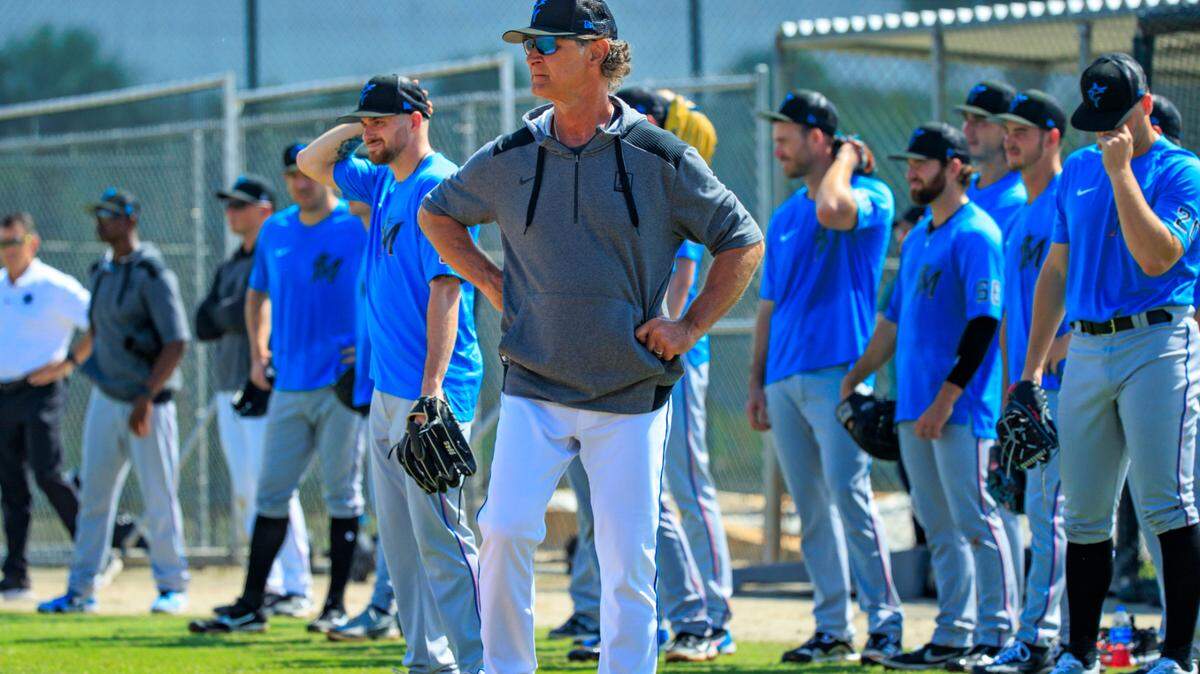 Miami Marlins manager Don Mattingly looks on during their spring training workout at Roger Dean Stadium on Thursday, March 17, 2022 in Jupiter, FL.