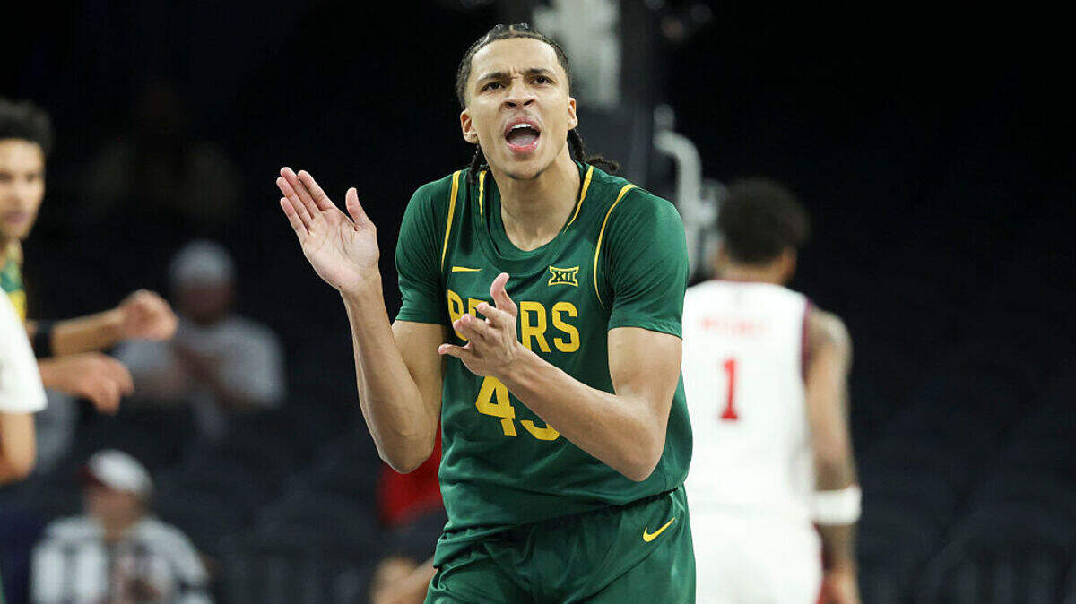 Cameron Carr #43 of the Baylor Bears reacts after a basket against the St. John's Red Storm in the first half of a Players Era Championship basketball tournament game at Michelob ULTRA Arena on November 24, 2025 in Las Vegas.