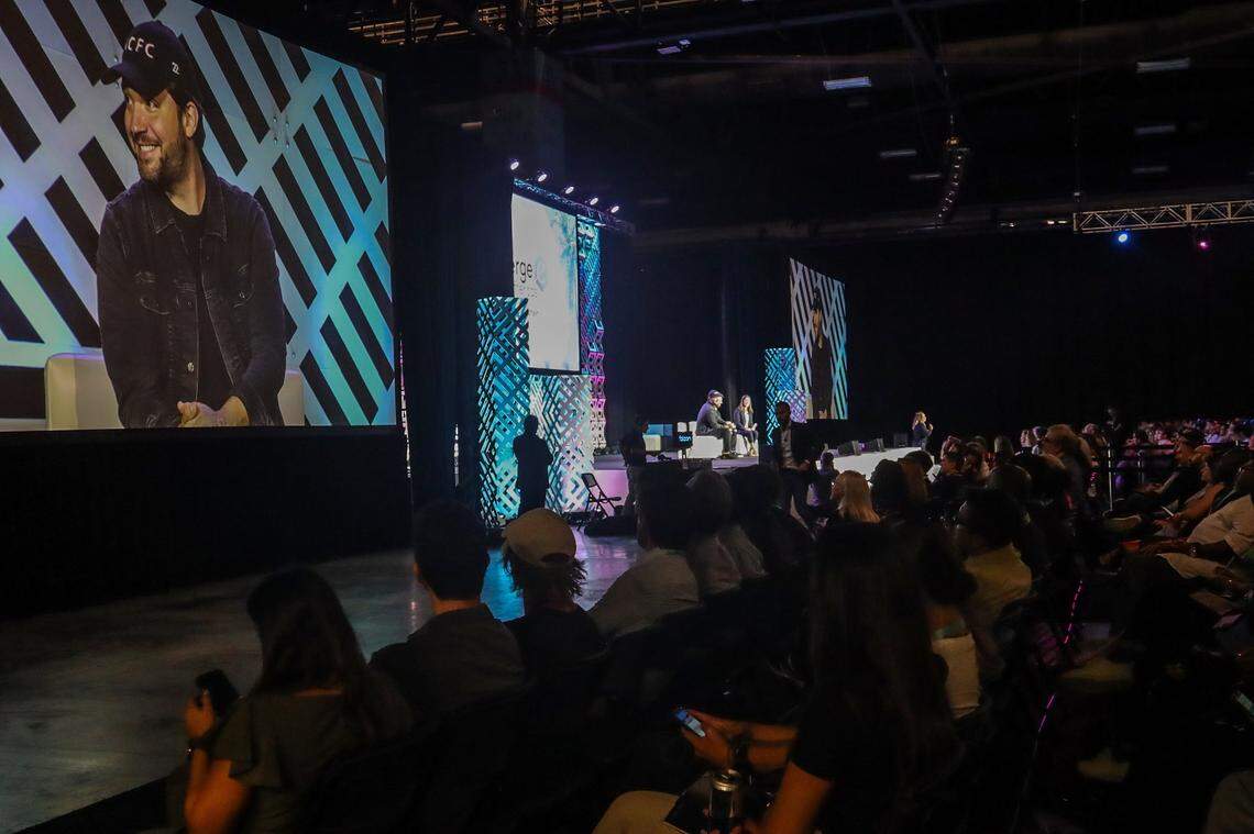 American entrepreneur Alexis Kerry Ohanian smiles as his image to displayed on screen during a live interview during the Emerge Americas 2022. On Monday, April 18, 2022 the two-day conference Miami’s Emerge Americas 2022 showcased the best in tech innovation and what that means for the local economy inside the Miami Beach Convention Center.
