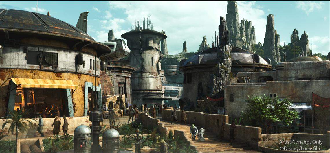 Black Spire Outpost is the name of the village inside of the upcoming Star Wars: Galaxy’s Edge at both Disneyland Resort in California and Walt Disney World Resort in Florida. The village is closely associated with the geological formations that surround it. As the largest settlement on the planet Batuu, Black Spire Outpost is an infamous stop for traders, adventurers, and smugglers traveling around the Outer Rim and Wild Space. Star Wars: Galaxy’s Edge will open at Disneyland Resort in summer 2019 and at Walt Disney World Resort in late fall 2019. (Disney)