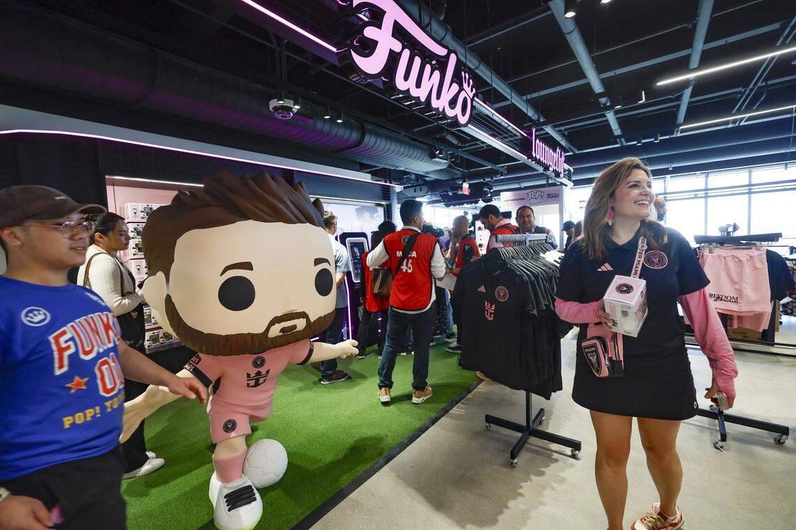 A giant Funko Pop figure of Inter Miami CF forward Lionel Messi (10) is seen in the team store at Nu Stadium at Miami Freedom Park on Thursday, April 2, 2026, in Miami.