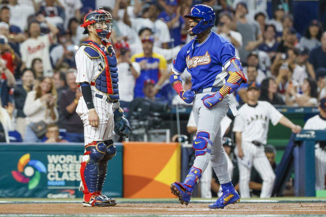 Venezuela outfielder Ronald Acuña Jr. (21) reacts after hitting a homerun in the first inning against Japan at the World Baseball Classic at loanDept park on Saturday, March 14, 2026. 
