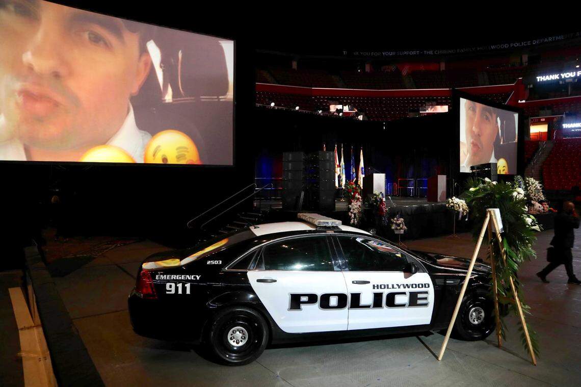 The patrol car of slain Hollywood Police Officer Yandy Chirino is on display at FLA Live Arena (formerly BB&T Center) before the funeral service on Nov. 1, 2021. Chirino was killed during a late-night altercation on Sunday, Oct. 17, with a teenage suspect. 