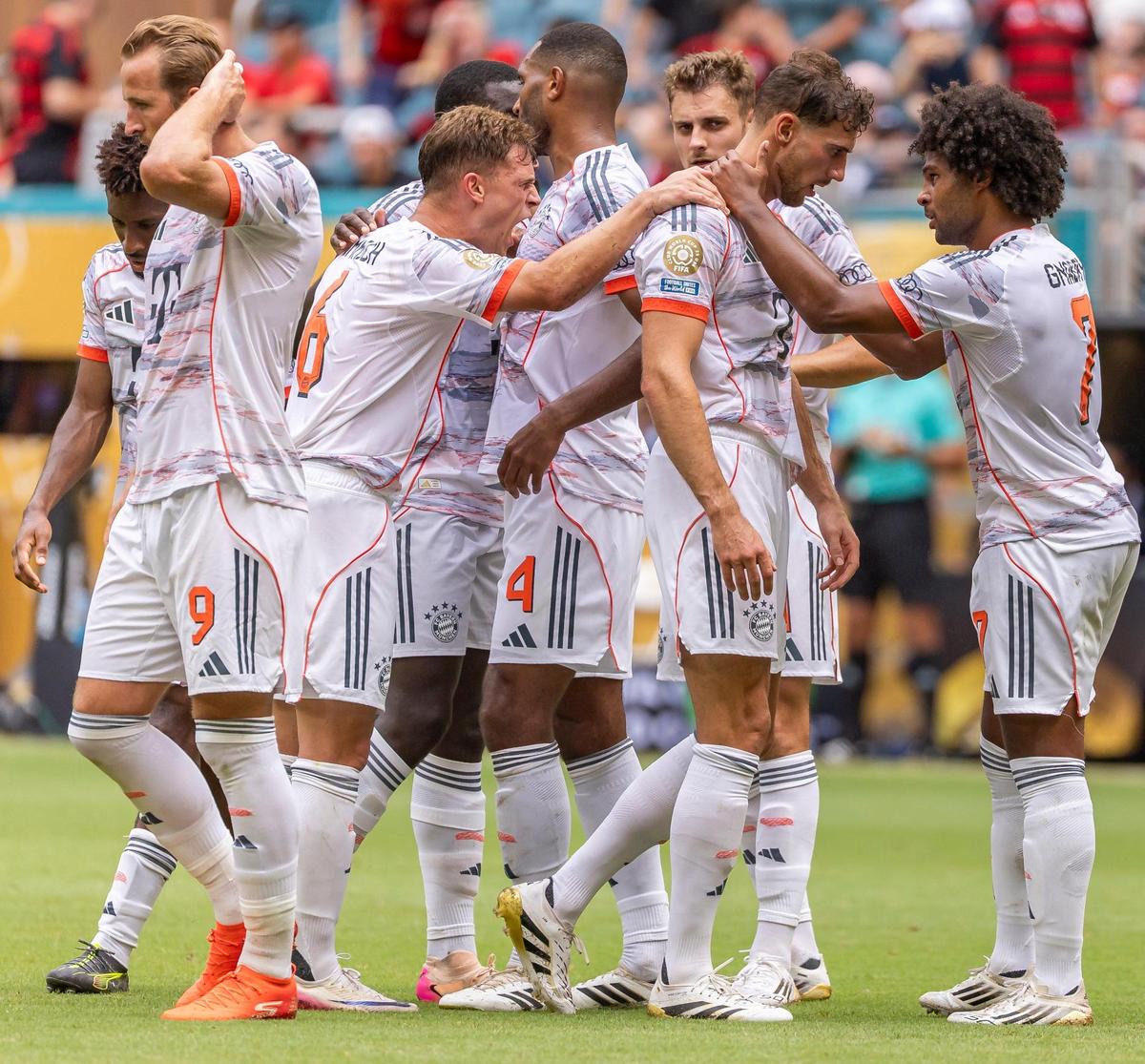 Bayern Munich midfielder Leon Goretzka (8) celebrates with his teammates after scoring a goal against Flamengo in the first half of their round of 16 FIFA Club World Cup soccer match at Hard Rock Stadium on Sunday, June 29, 2025, in Miami Gardens, Fla.